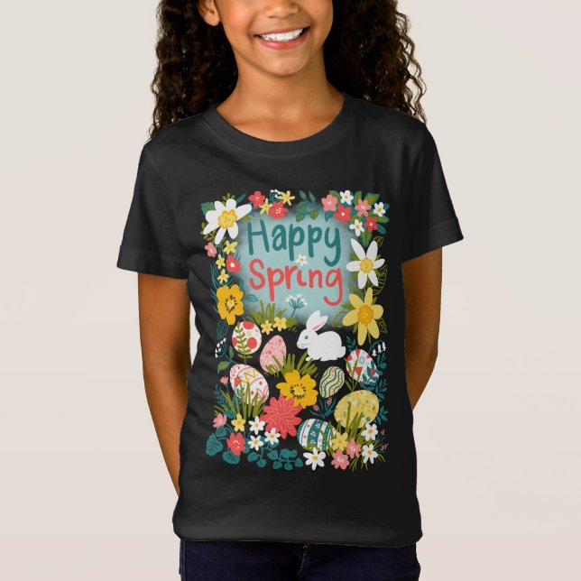 Happy Spring Easter egg hunt flower field T-Shirt (Front)