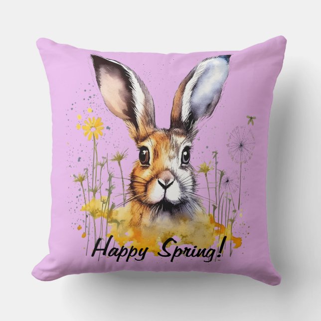 Happy Spring Floral Bunny with Yellow Dandelions Cushion (Front)