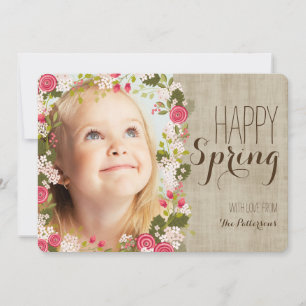 Happy Spring Floral   Linen Photo Greeting Card