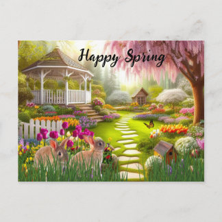 Happy Spring Flower Garden Landscape  Holiday Postcard