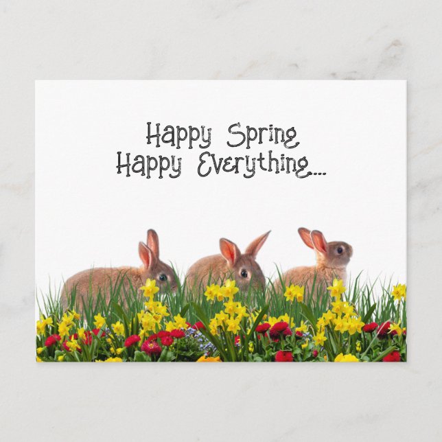 Happy Spring Flowers and Rabbits Postcard (Front)