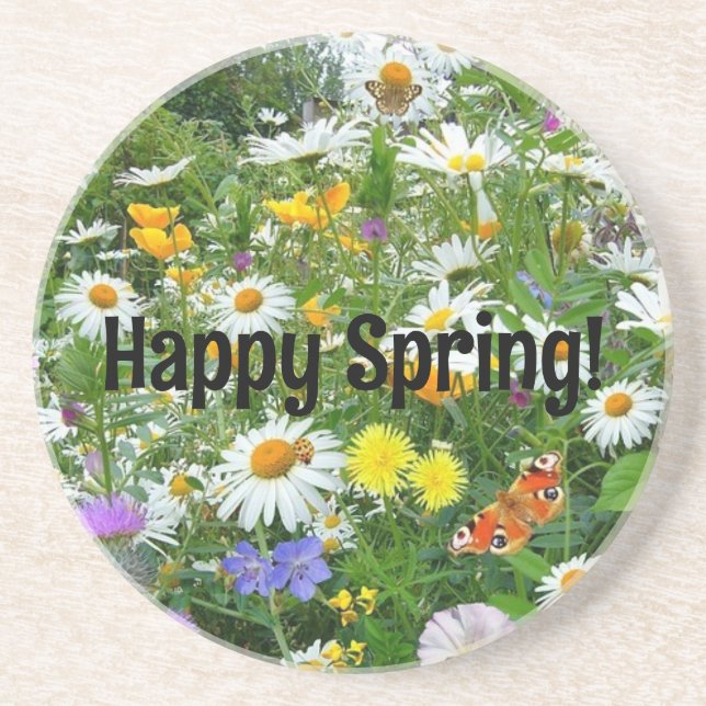 Happy Spring Flowers Sandstone Coaster (Front)