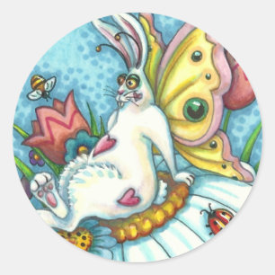 HAPPY SPRING FLUTTERBUN RABBIT, FUNNY BUNNY FAIRY CLASSIC ROUND STICKER