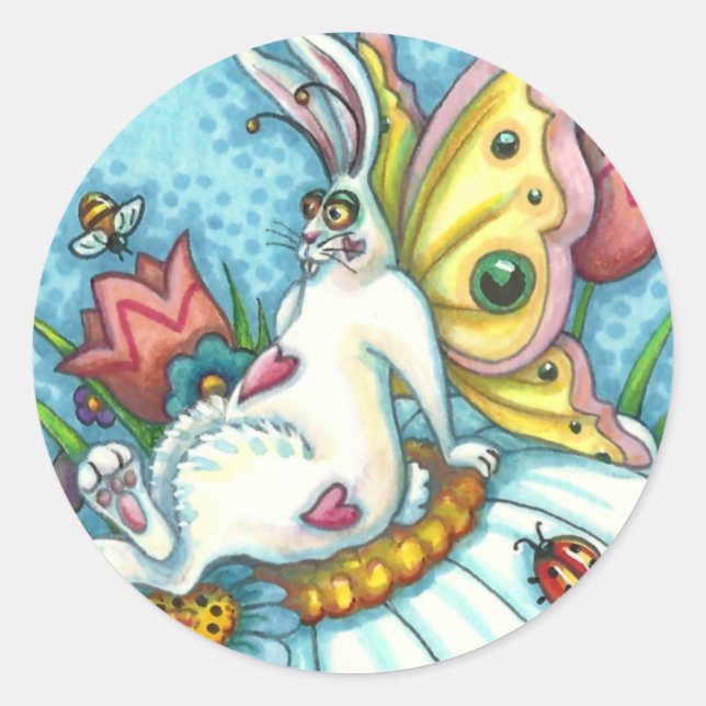 HAPPY SPRING FLUTTERBUN RABBIT, FUNNY BUNNY FAIRY CLASSIC ROUND STICKER (Front)