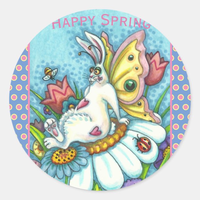 HAPPY SPRING FLUTTERBUN RABBIT, FUNNY BUNNY FAIRY CLASSIC ROUND STICKER (Front)