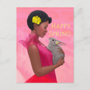 "Happy Spring Lady with Rabbit." Postcard