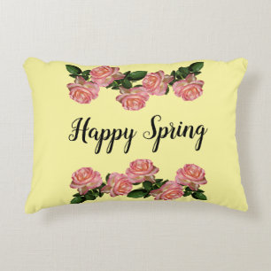 Happy Spring Pink Roses Yellow Vintage Decorative Cushion
