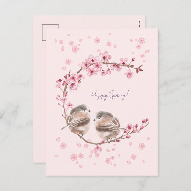 Happy Spring! Spring greeting with cherry blossoms Holiday Postcard (Front/Back)