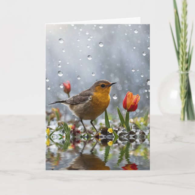 Happy Spring Vernal Equinox Cute Bird and Tulip  Card (Front)