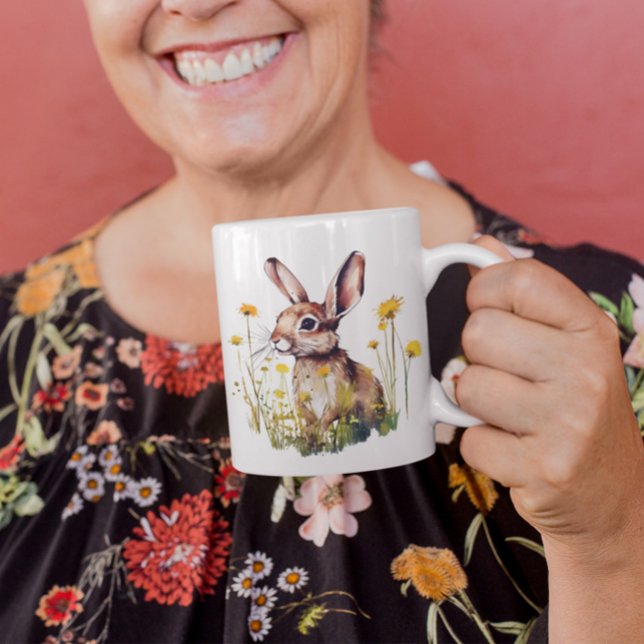 Happy Spring Watercolor Rabbit Yellow Flowers Mug (Creator Uploaded)