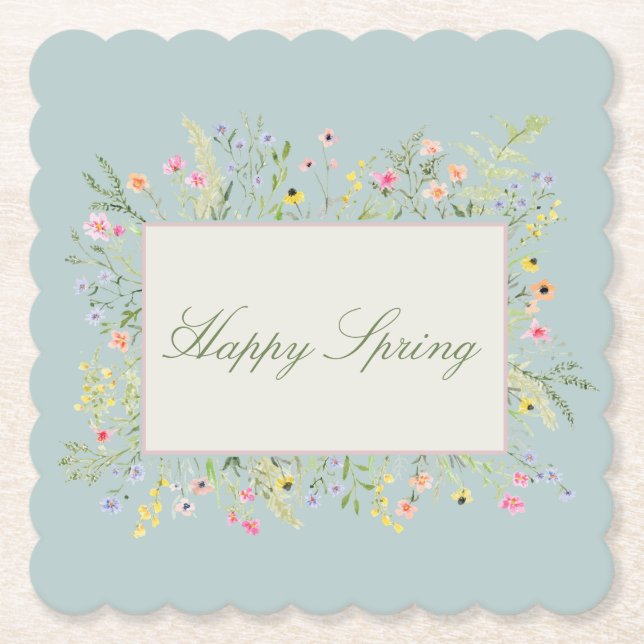 Happy Spring Watercolor Wildflower  Paper Coaster (Front)