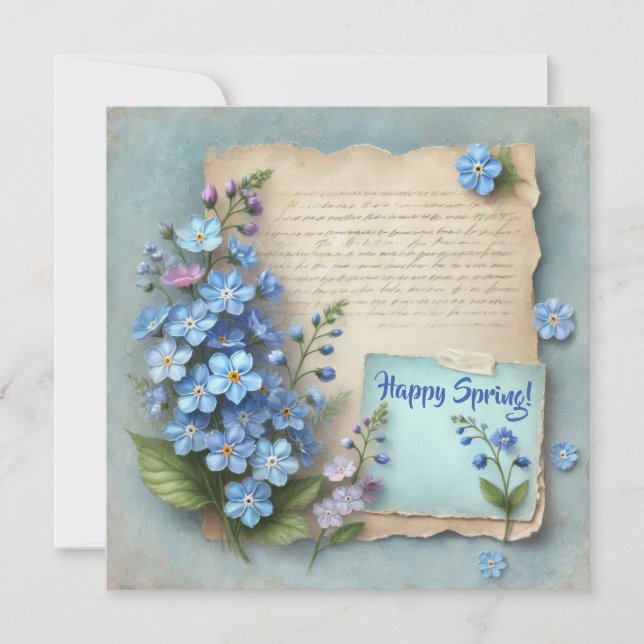 Happy spring with blue forget me not flowers holiday card (Front)