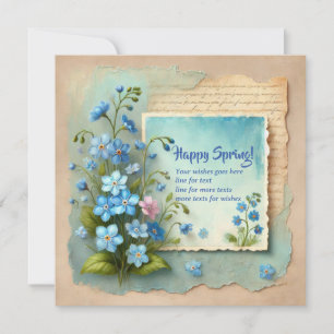 Happy spring with blue forget-me-not flowers holiday card