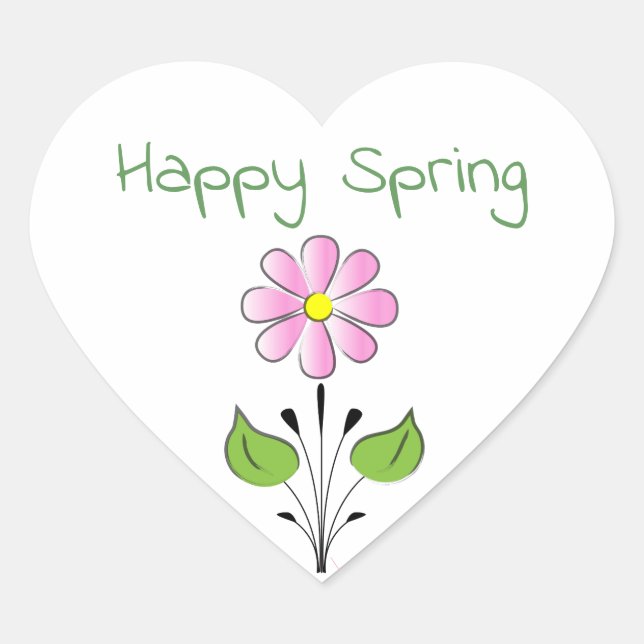 Happy Spring with Pink Flower Cute Heart Sticker (Front)
