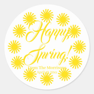 Happy Spring yellow sun custom script cheerful fun Classic Round Sticker