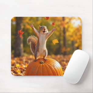 Happy Squirrel Tossing Autumn Leaves in the Air Mouse Mat