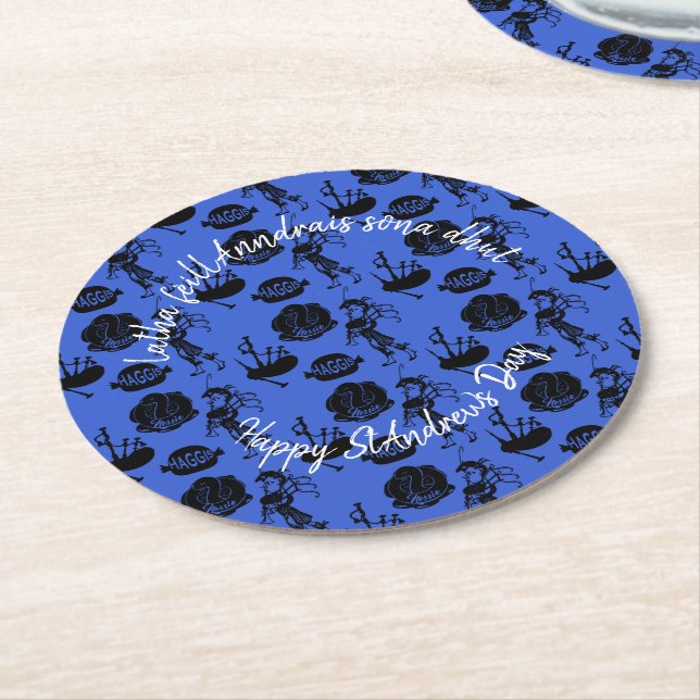 Happy St Andrew Day Haggis Bagpipe Nessie Round Paper Coaster (Angled)