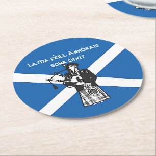 Happy St Andrews Day Flag Bagpiper Round Paper Coaster