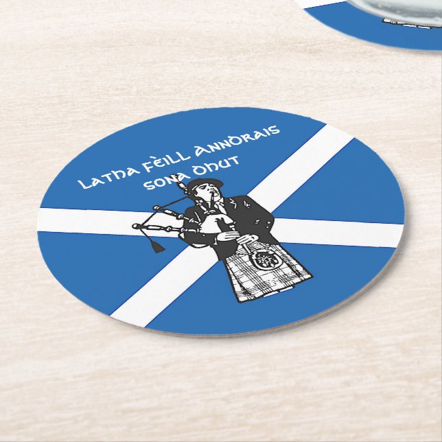 Happy St Andrews Day Flag Bagpiper Round Paper Coaster (Angled)