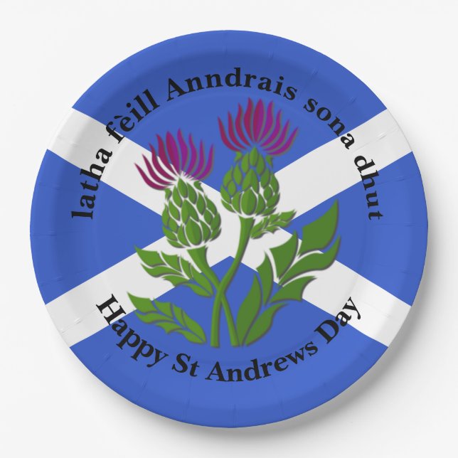 Happy St Andrews Day Flag Thistle Large 9" Paper Plate (Front)