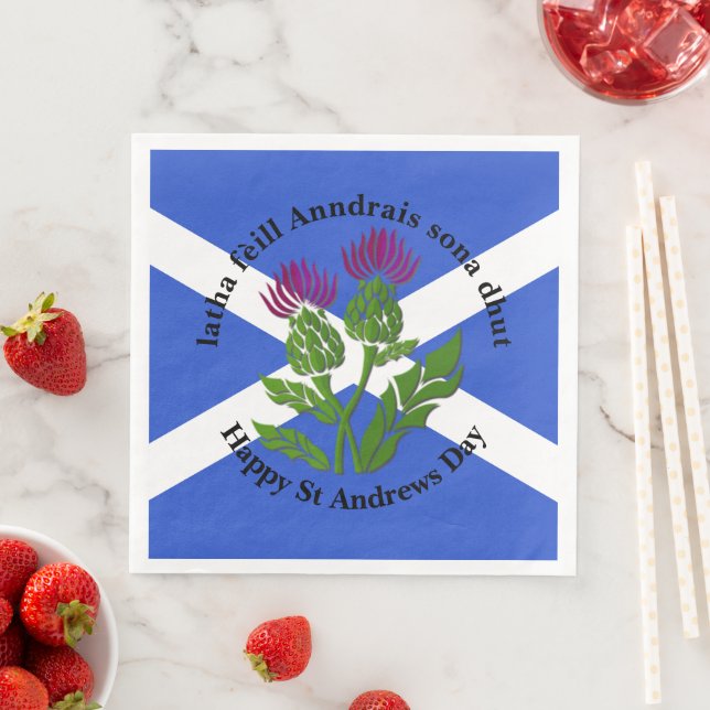 Happy St Andrews Day Flag Thistle Napkin (Insitu)