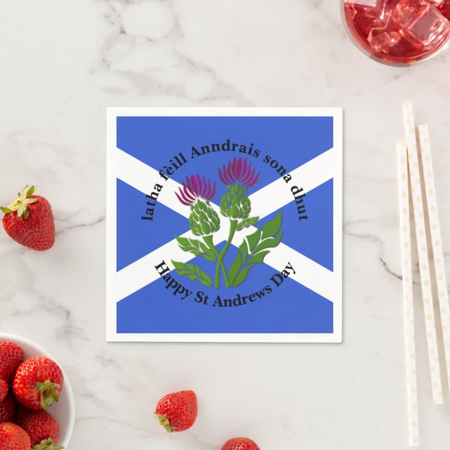 Happy St Andrews Day Flag Thistle Small Napkin (Insitu)