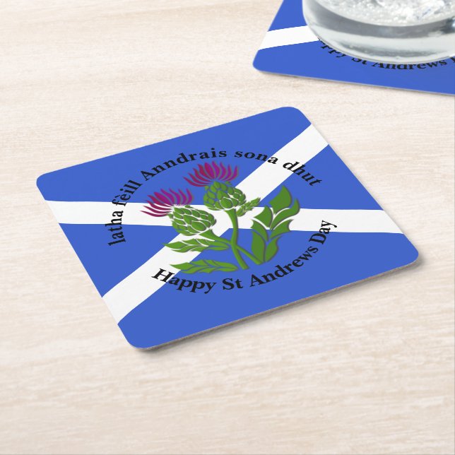 Happy St Andrews Day Flag Thistle Square Paper Coaster (Angled)