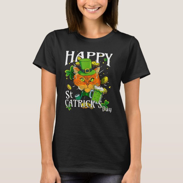 Happy St Catrick Patricks Day Lucky Cat Shamrock B T-Shirt (Front)