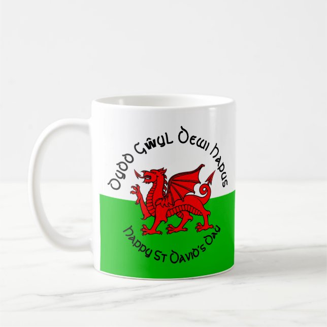 Happy St Davids Day in Celtic Style Coffee Mug (Left)