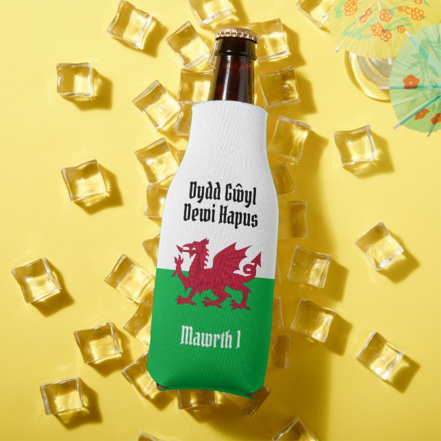 Happy St. David's Day Red Dragon Welsh Flag Bottle Cooler (In Situ Summer)