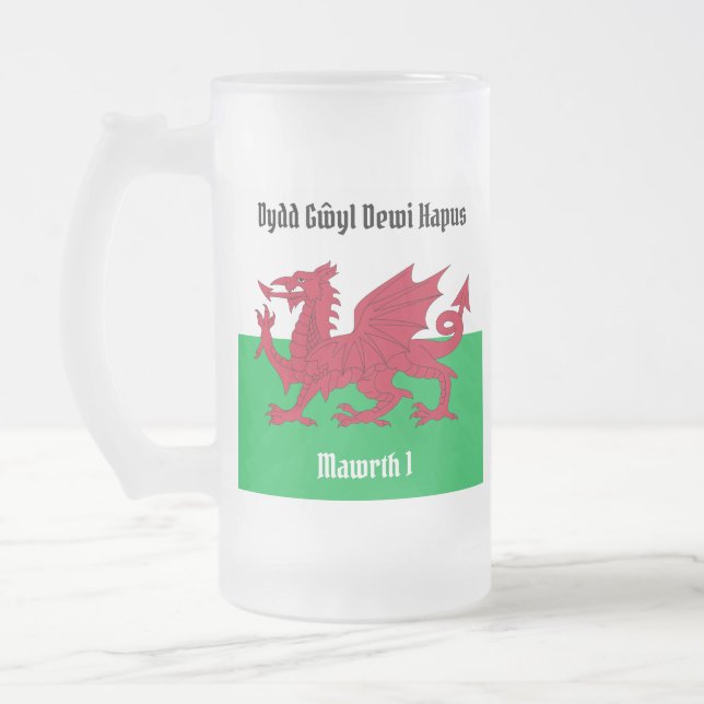 Happy St. David's Day Red Dragon Welsh Flag Frosted Glass Beer Mug (Left)