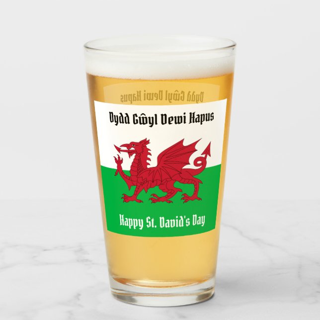 Happy St. David's Day Red Dragon Welsh Flag Glass (Front Filled)
