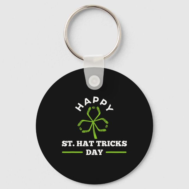 Happy St. Hat Tricks Day Hockey Sticks Shamrock  Key Ring (Front)