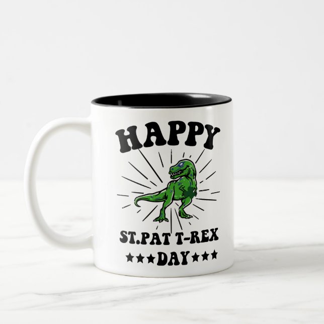 Happy St Pat Trex Day Dino St Patricks Day Two-Tone Coffee Mug (Left)