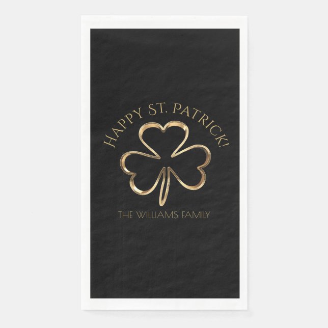 Happy St. Patrick Black and Gold Clover Shamrock Napkin (Front)