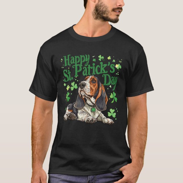 Happy St Patrick s Day Basset Hound Dog Lover Pupp T-Shirt (Front)