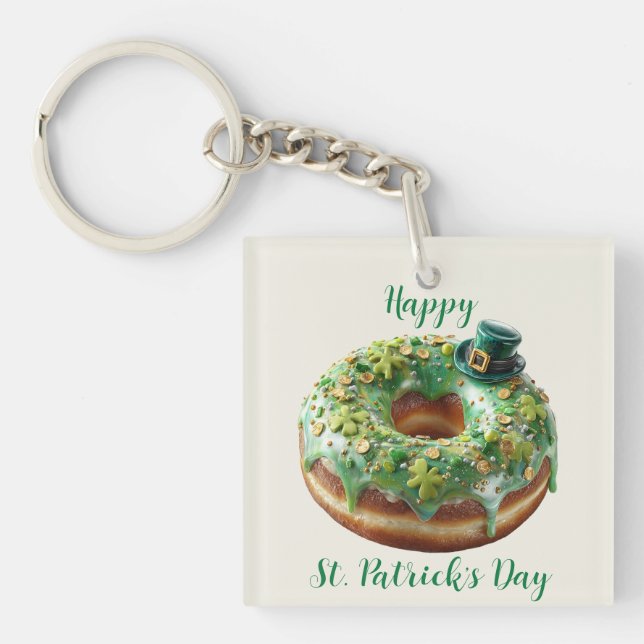 Happy St. Patrick’s Day Donut with Leprechaun Hat Key Ring (Front)