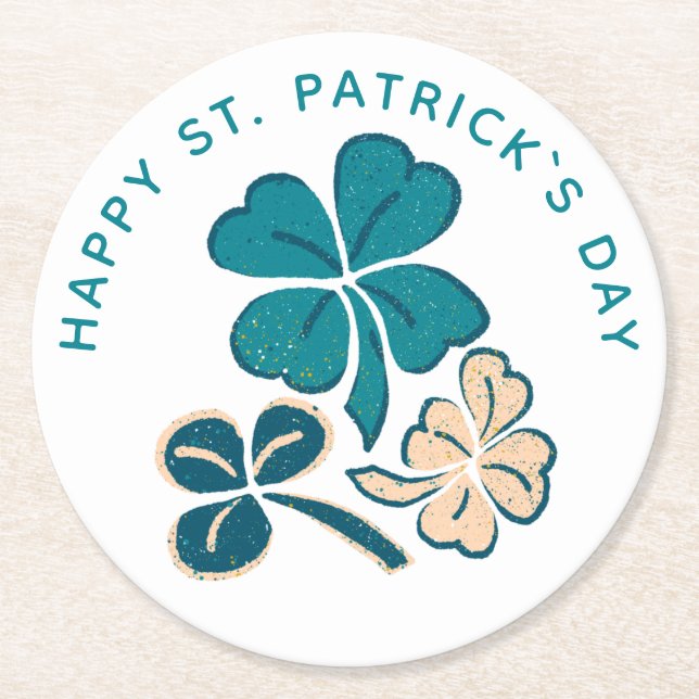 Happy St. Patrick`s Day Green Shamrock Clover Round Paper Coaster (Front)