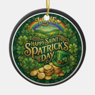 Happy St. Patrick’s Day Love Heart Rainbow Shamroc Ceramic Tree Decoration
