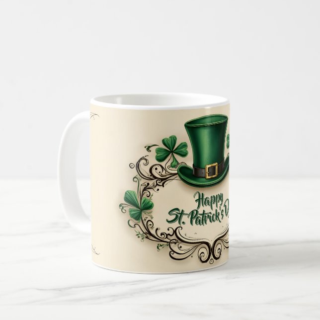 Happy St. Patrick’s Day Shamrock Design Coffee Mug (Front Left)