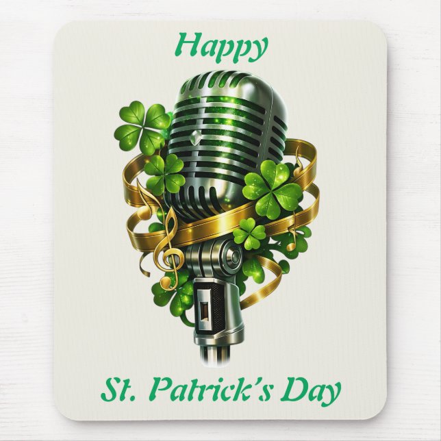 Happy St. Patrick’s Day Shamrock & Microphone Mouse Mat (Front)