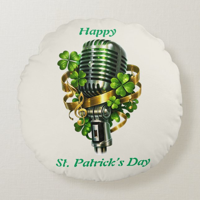 Happy St. Patrick’s Day Shamrock & Microphone Round Cushion (Front)