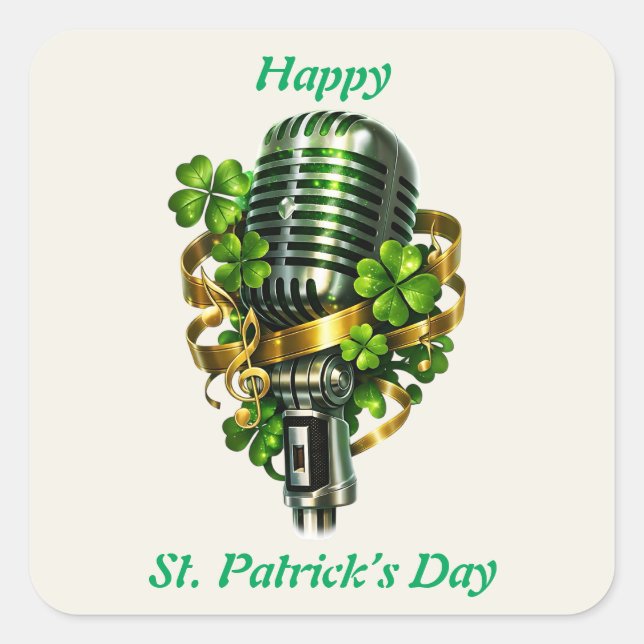 Happy St. Patrick’s Day Shamrock & Microphone Square Sticker (Front)