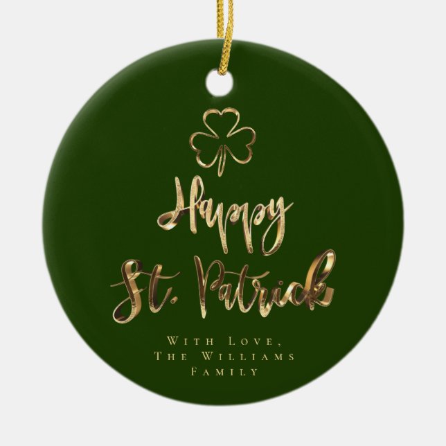 Happy St. Patrick Shamrock Clover Elegant Green Ceramic Tree Decoration (Front)