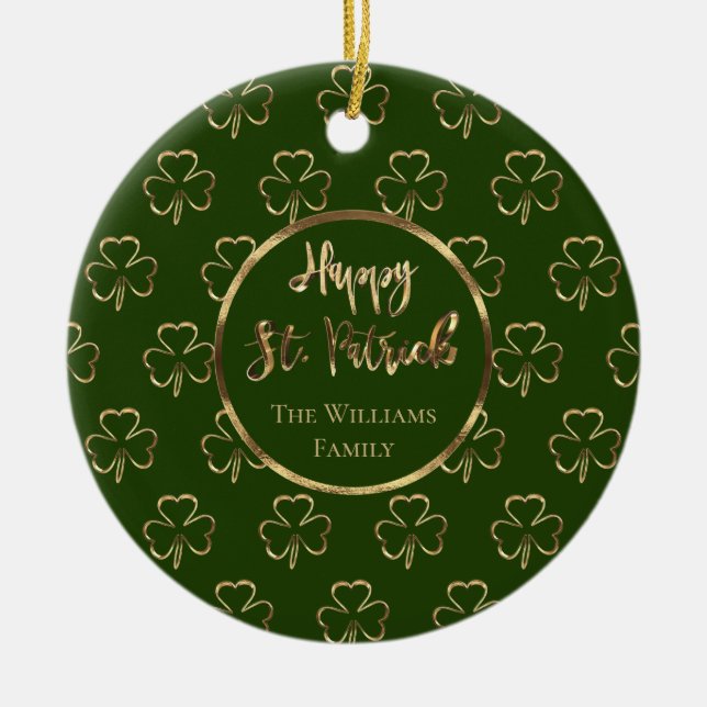 Happy St. Patrick Shamrocks Green Clovers Irish Ceramic Tree Decoration (Front)