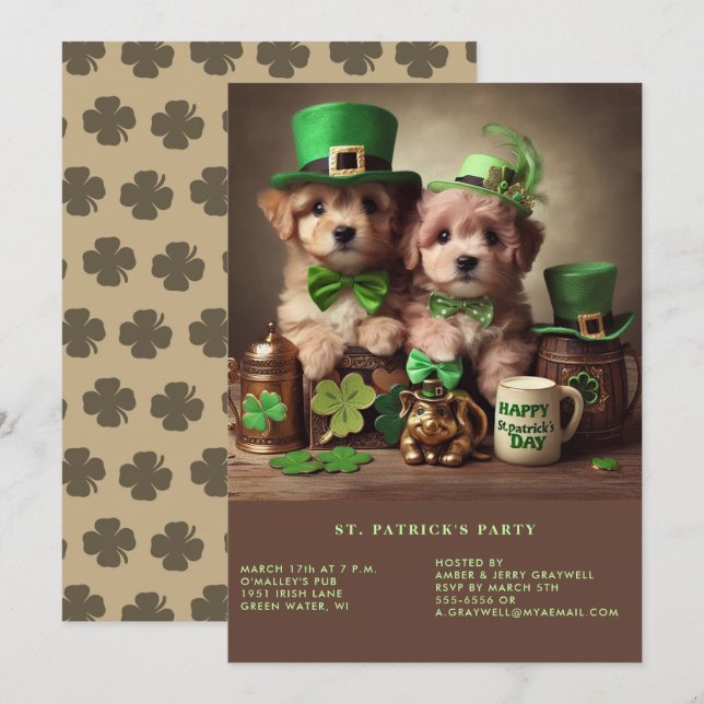 Happy St Patrick's Day Adorable Puppies Green Hats Invitation (Front/Back)