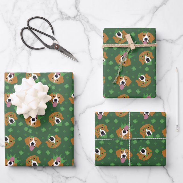 Happy St Patricks Day Beagle Dogs Wrapping Paper Sheet (Front)