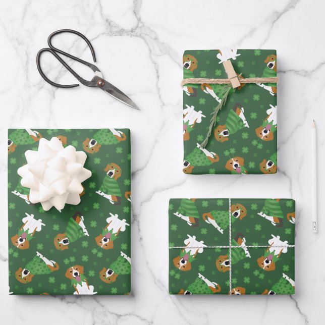 Happy St Patricks Day Beagle Dogs Wrapping Paper Sheet (Front)