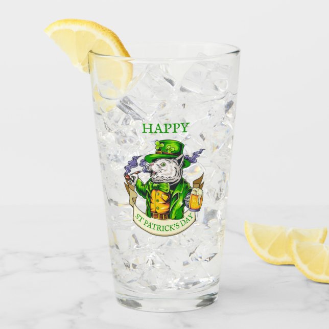 Happy St. Patrick's Day Beer Irish Cat Funny Beer Glass (Front Ice)
