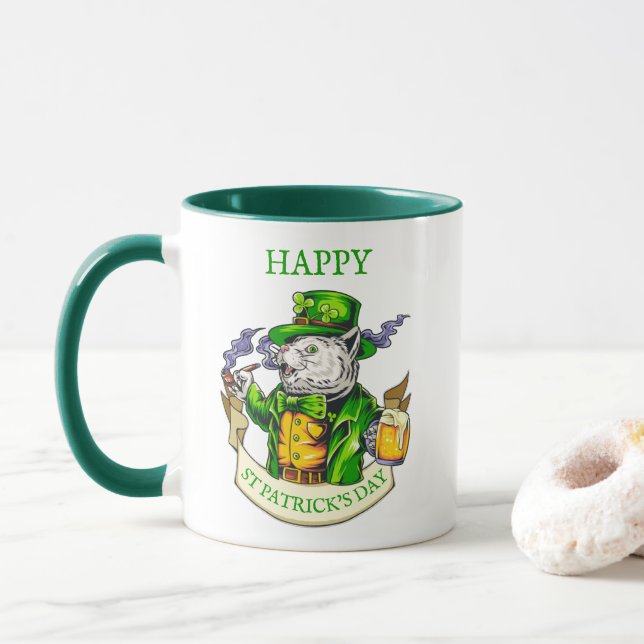Happy St. Patrick's Day Beer Irish Cat Funny Coffe Mug (With Donut)